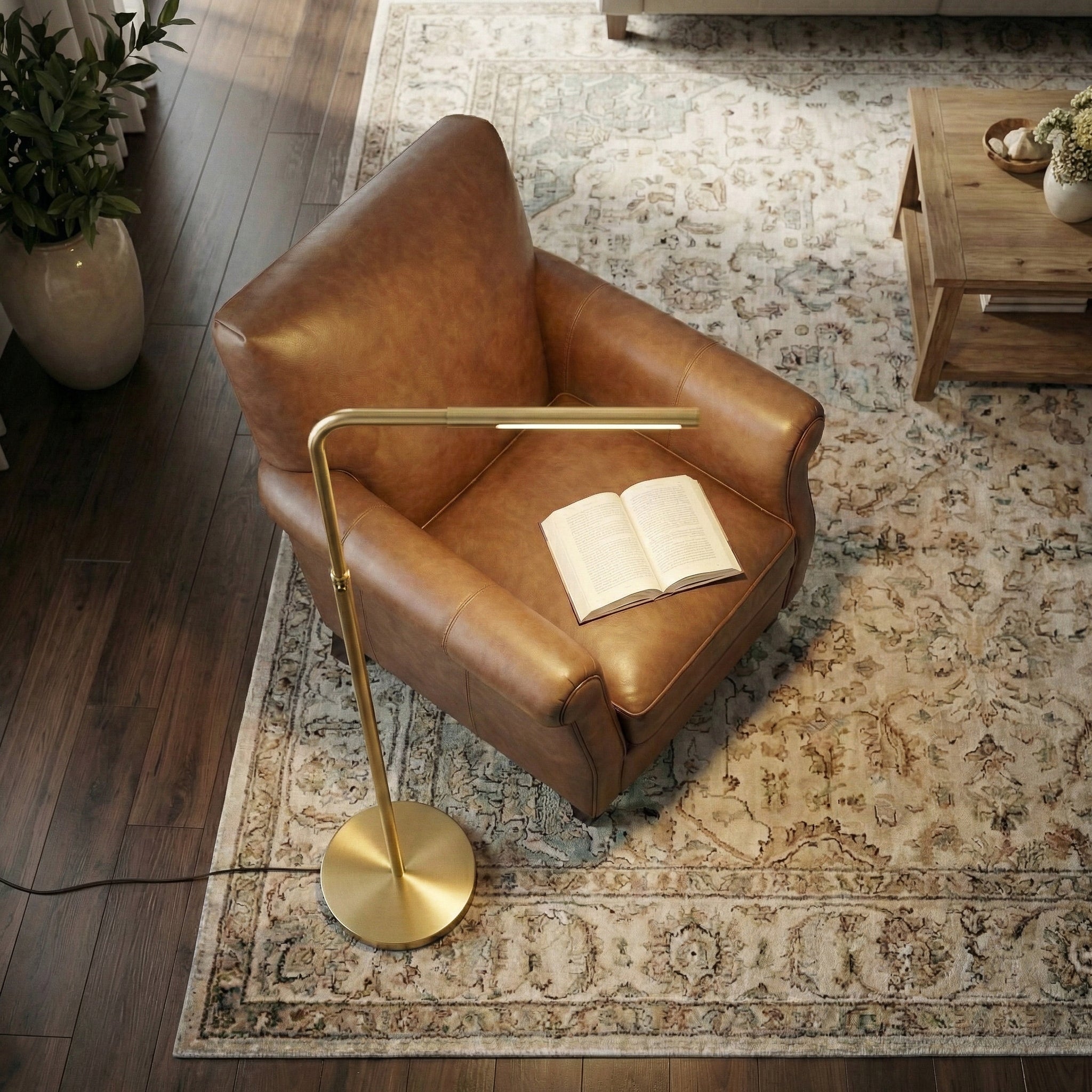 Verve Brassed Gold LED Floor Lamp with Adjustable Head and Round Base | MidinMod