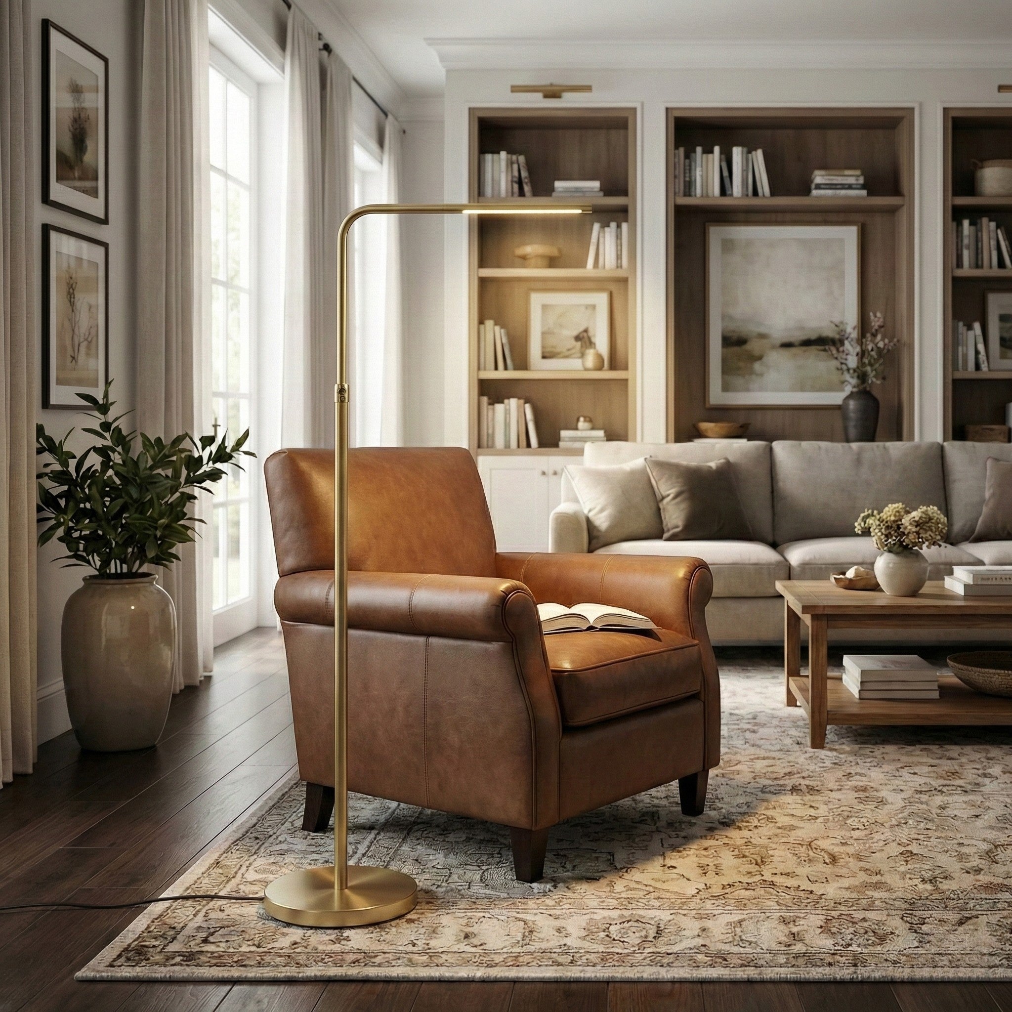 Verve Brassed Gold LED Floor Lamp with Adjustable Head and Round Base | MidinMod