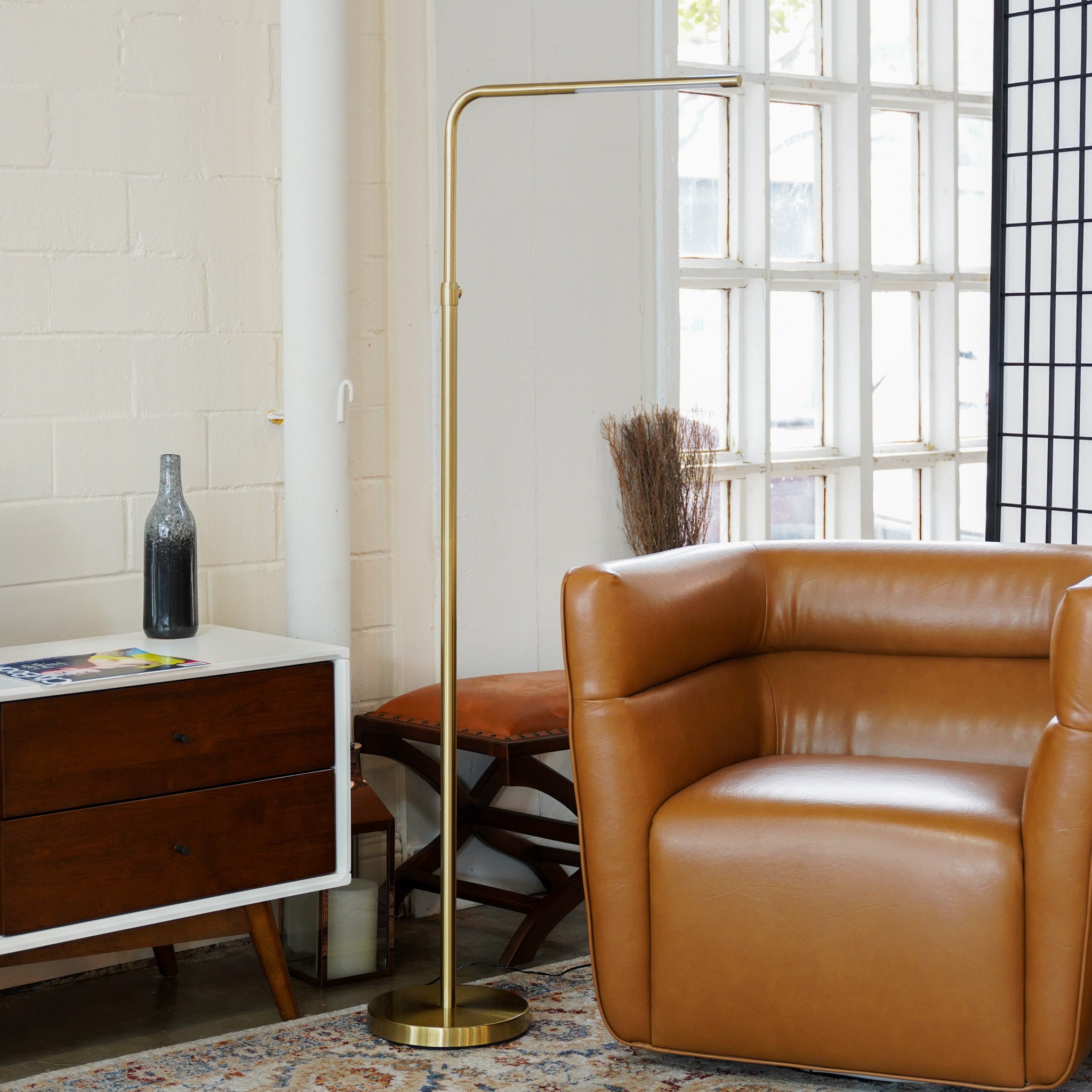Verve Brassed Gold Floor Lamp with On/Off Switch Adjustable Led Round Base