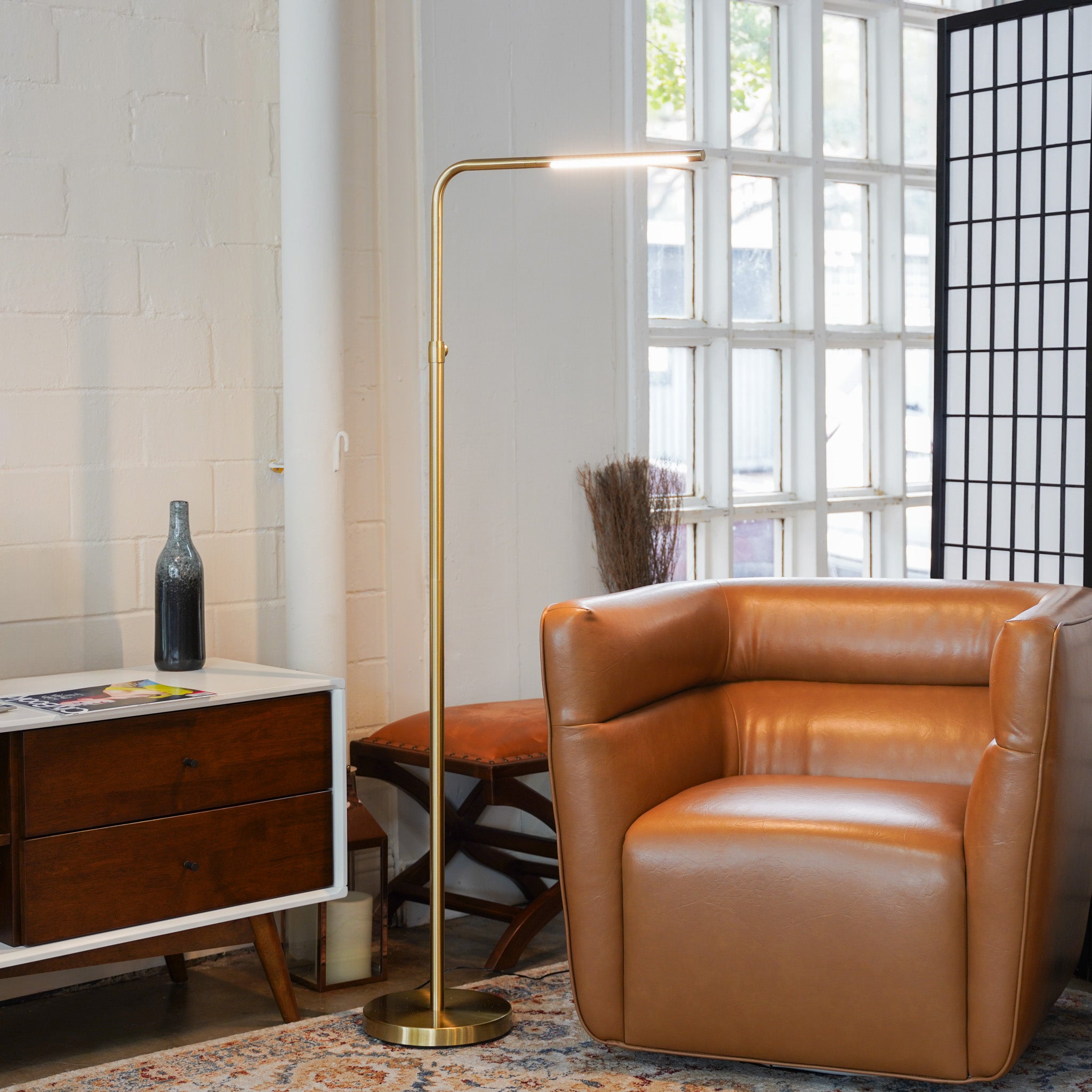 Verve Brassed Gold Floor Lamp with On/Off Switch Adjustable Led Round Base