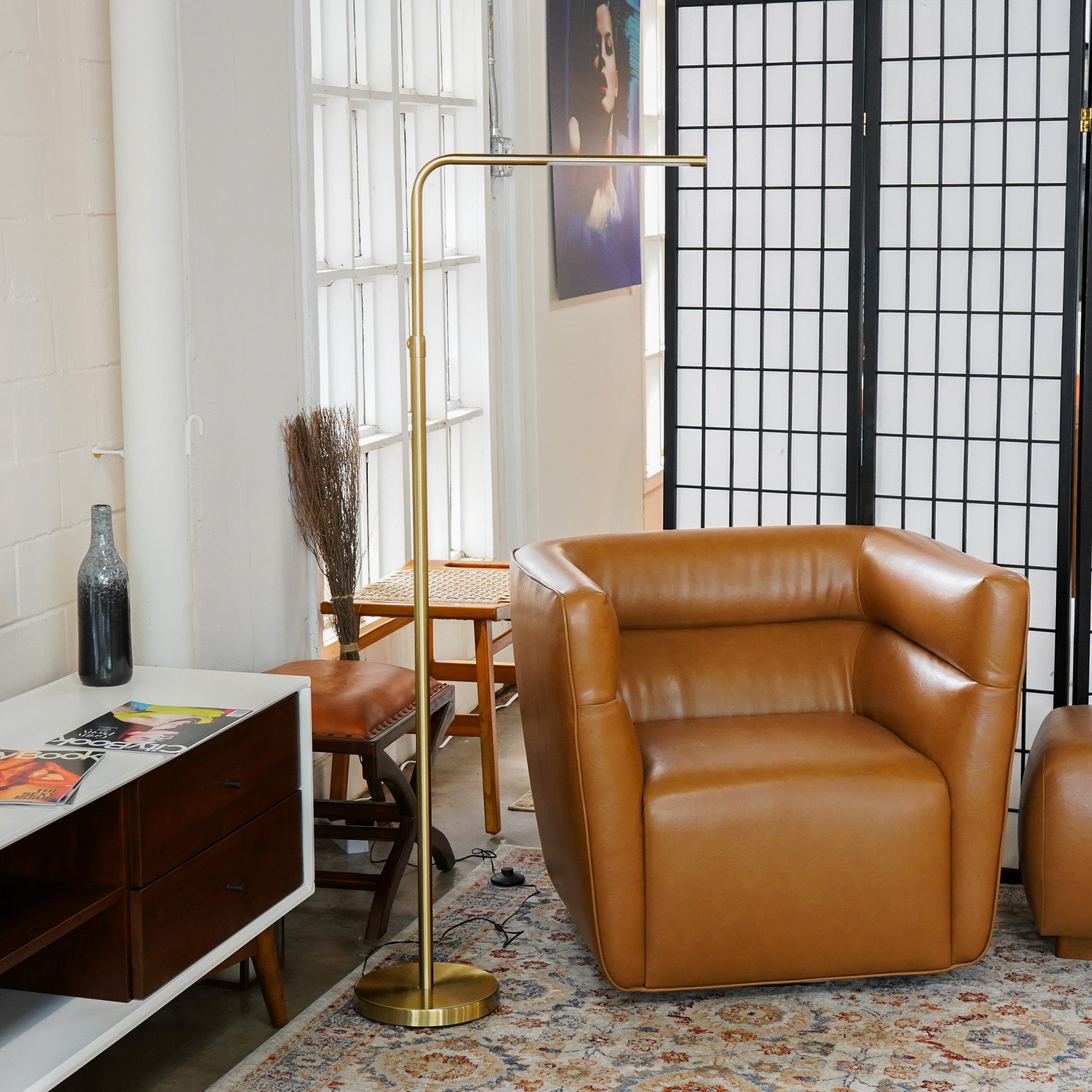 Verve Brassed Gold Floor Lamp with On/Off Switch Adjustable Led Round Base