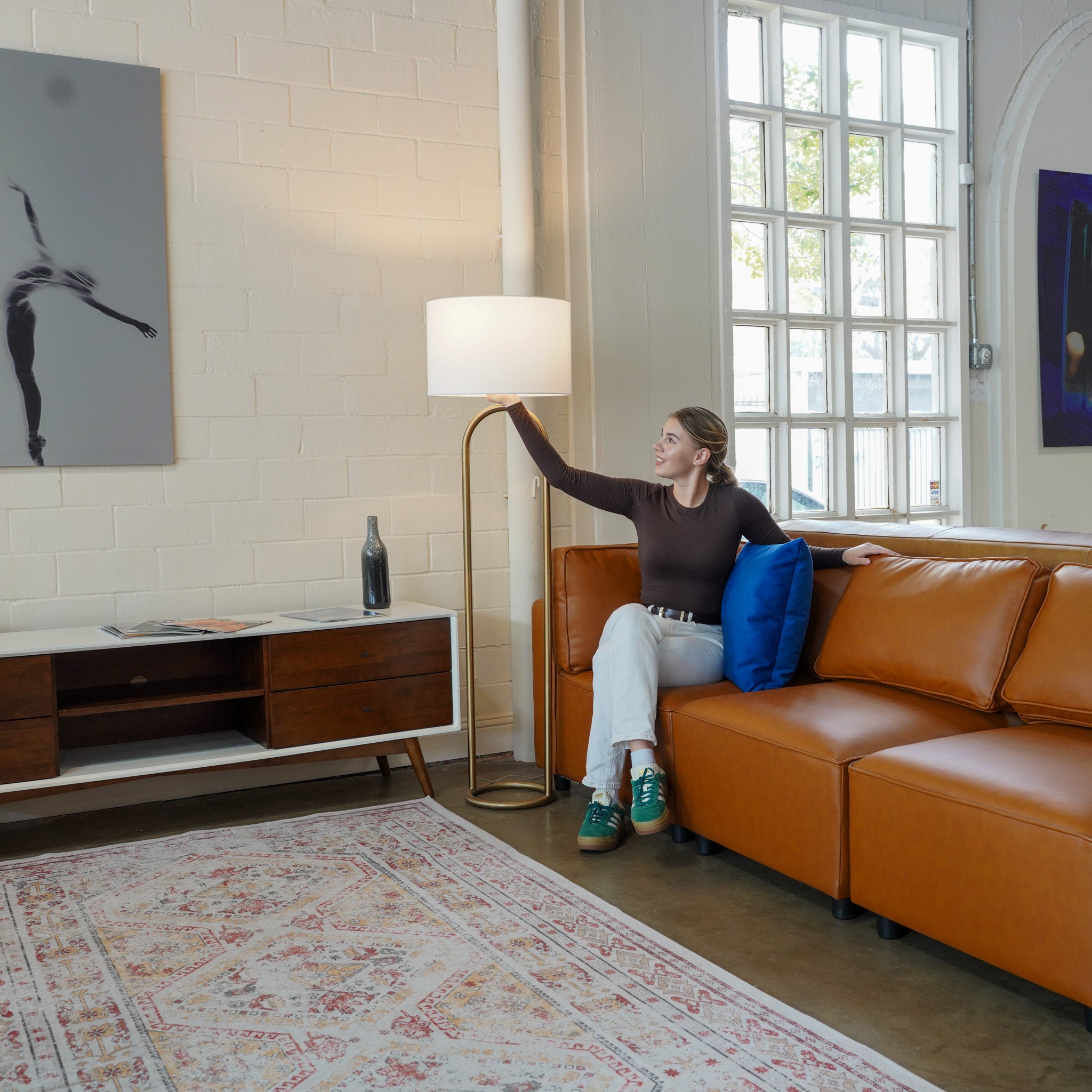 Vivid Brass Ring Base Floor Lamp with Large White Drum Shade