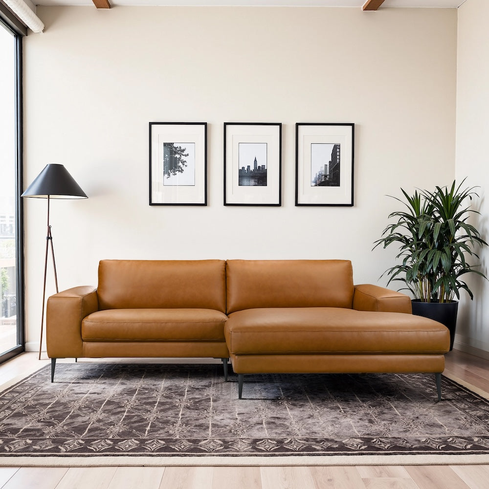 Walton Right-Facing Cognac Vegan Leather Sectional Sofa - MidinMod