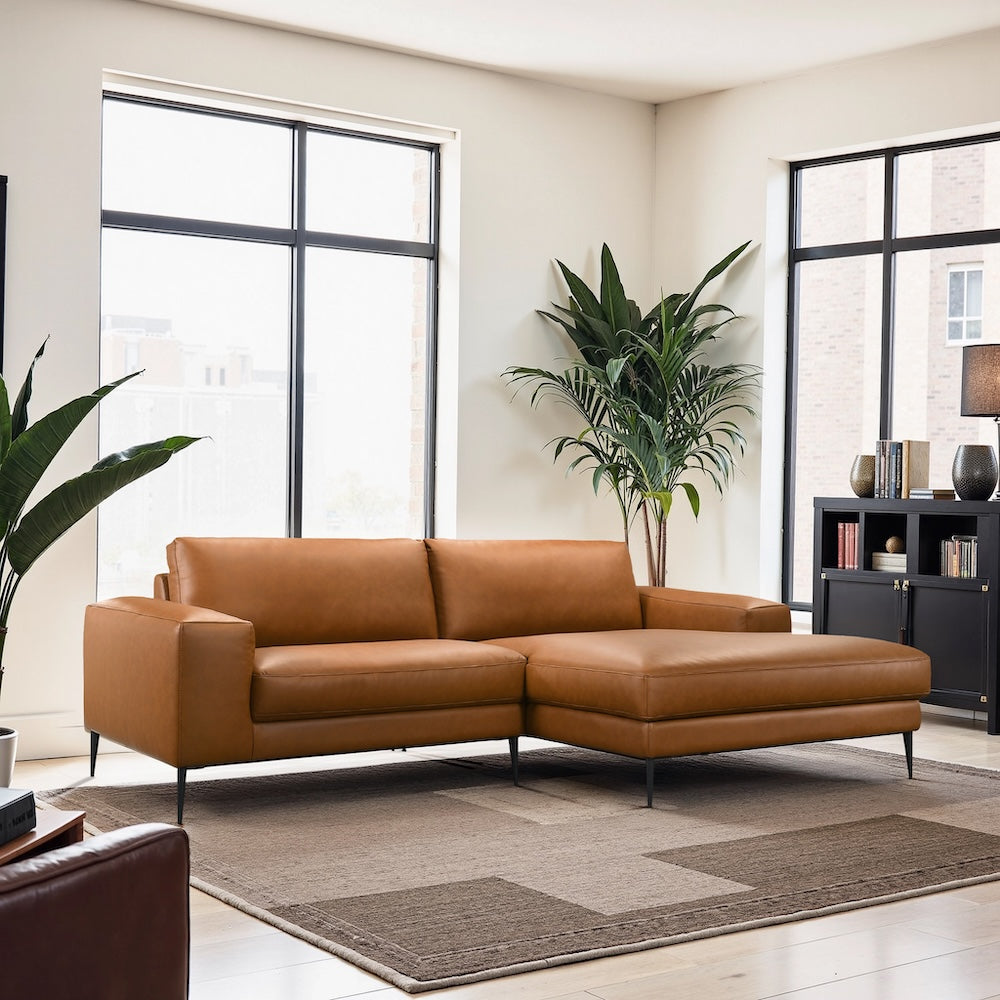 Walton Right-Facing Cognac Vegan Leather Sectional Sofa - MidinMod
