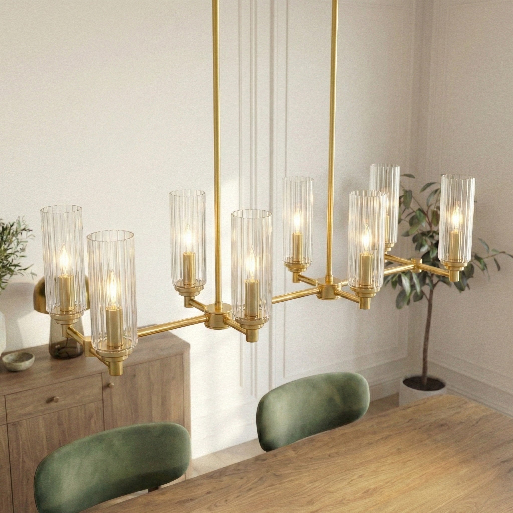 Willow 8-Light Island Pendant | Satin Brass with Clear Ribbed Glass | MidinMod