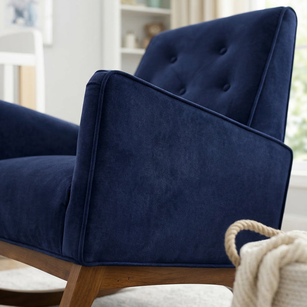 Windsor Rocking Chair | Dark Blue Velvet & Solid Wood Base | MidinMod