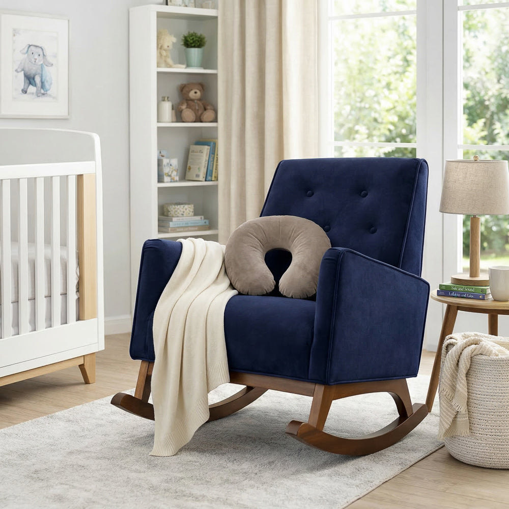 Windsor Rocking Chair | Dark Blue Velvet & Solid Wood Base | MidinMod