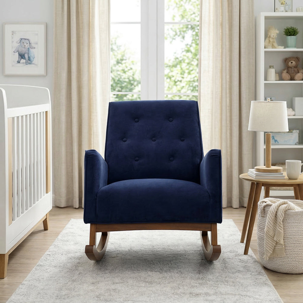 Windsor Rocking Chair | Dark Blue Velvet & Solid Wood Base | MidinMod