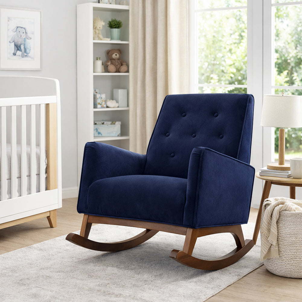 Windsor Rocking Chair | Dark Blue Velvet & Solid Wood Base | MidinMod