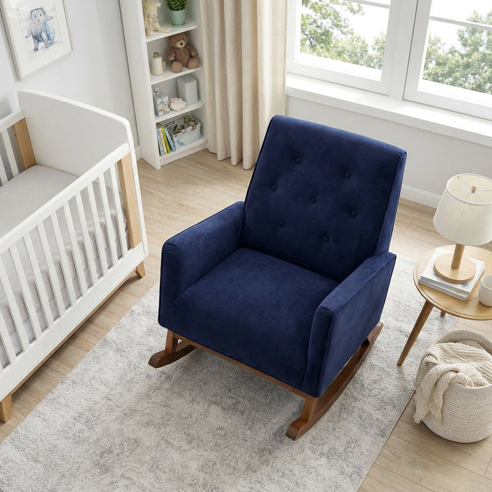 Windsor Rocking Chair | Dark Blue Velvet & Solid Wood Base | MidinMod