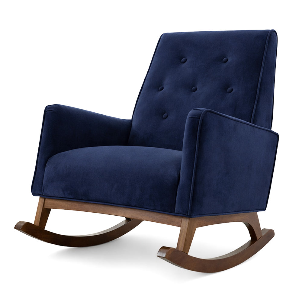 Windsor Rocking Chair | Dark Blue Velvet & Solid Wood Base | MidinMod