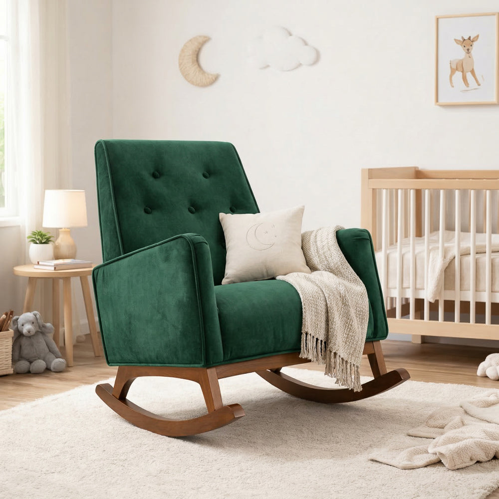 Windsor Rocking Chair | Green Velvet & Solid Wood Legs | MidinMod