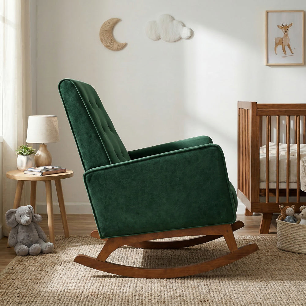Windsor Rocking Chair | Green Velvet & Solid Wood Legs | MidinMod