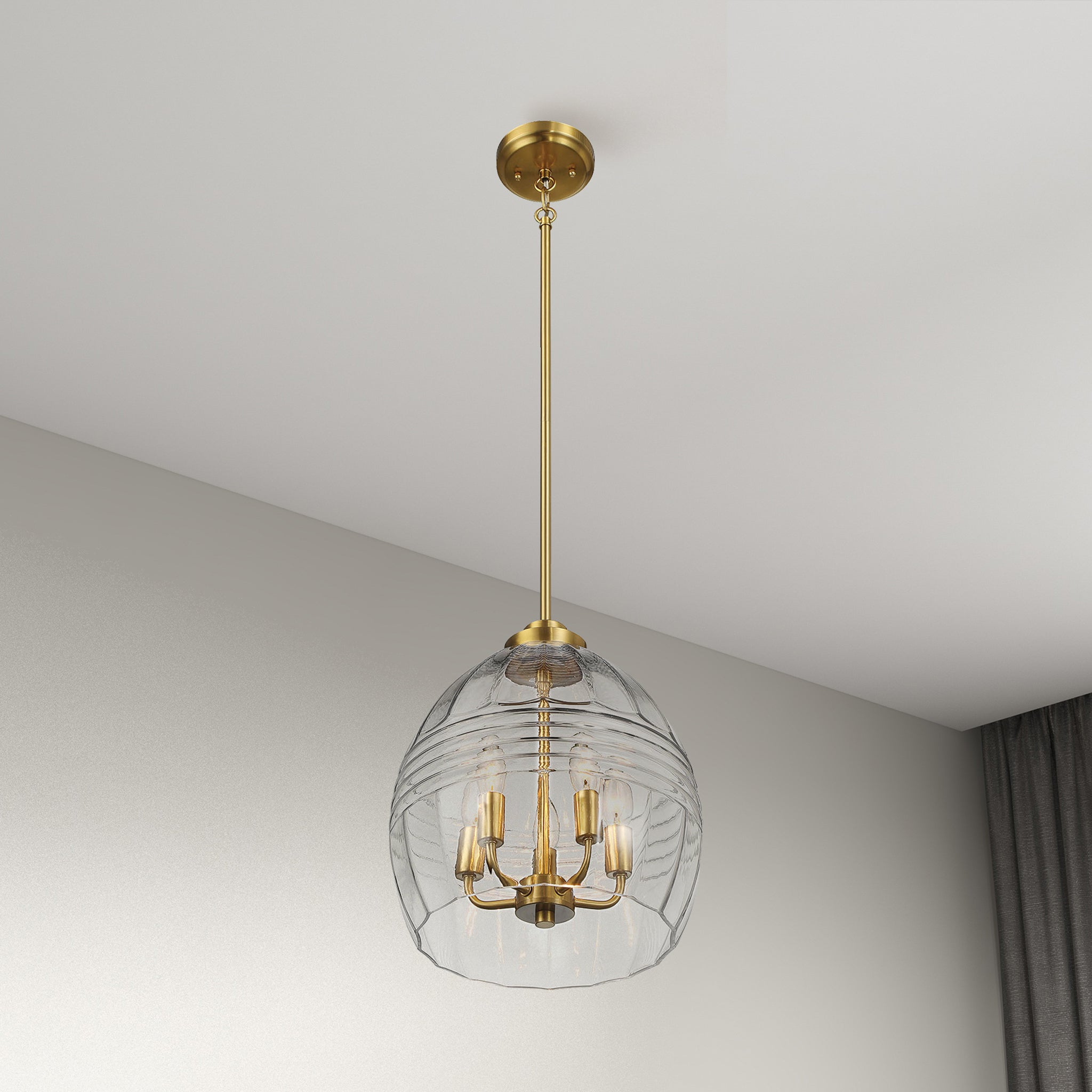 Zen Five Pendant Chain Hanging Light with Clear Glass - Satin Brass