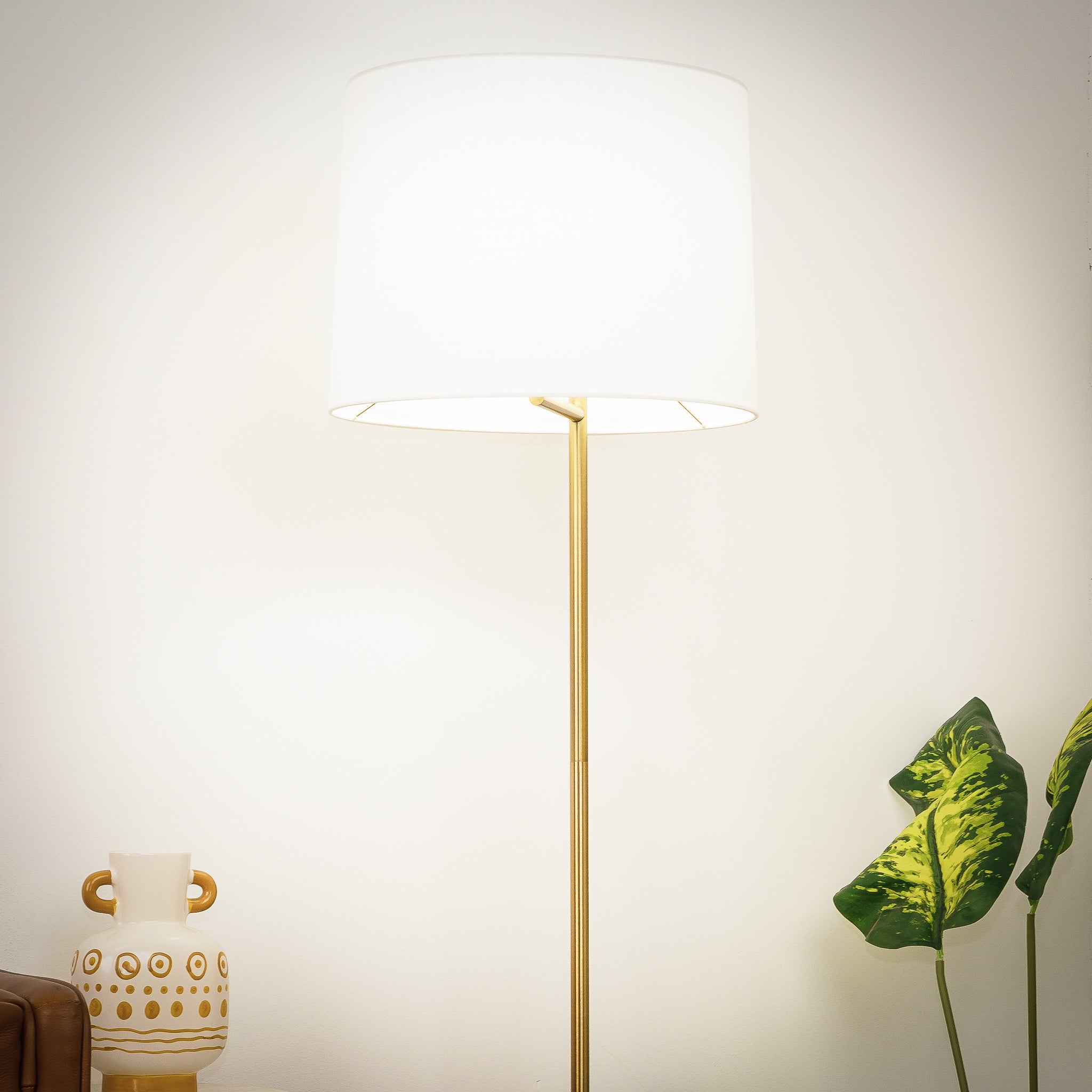 Zenith Offset Brass Base Floor Lamp with Drum-shaped Linen Shade