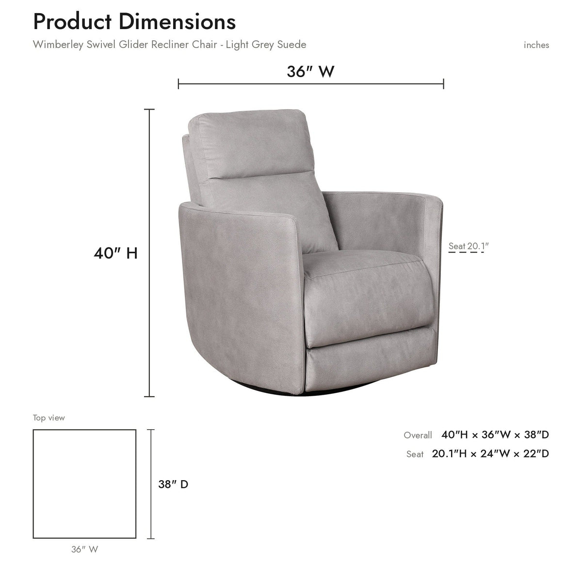 Wimberley Light Gray Suede Swivel Glider Recliner Chair | MidinMod