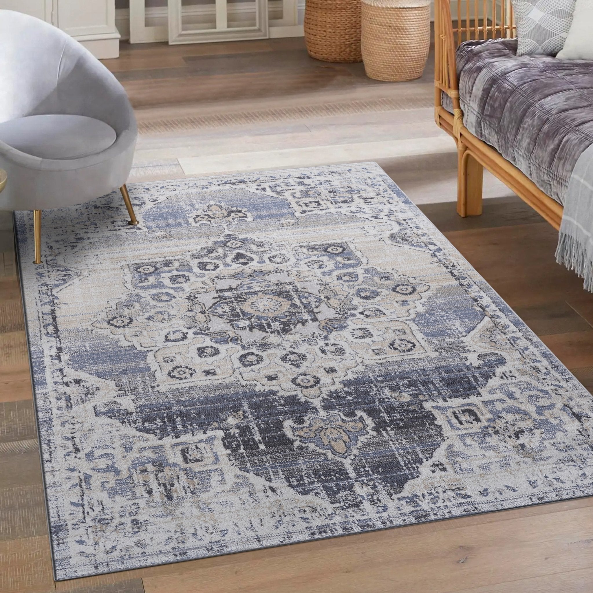Payas Cream - Blue Rug Size 6'7'' x 9' - MidinMod