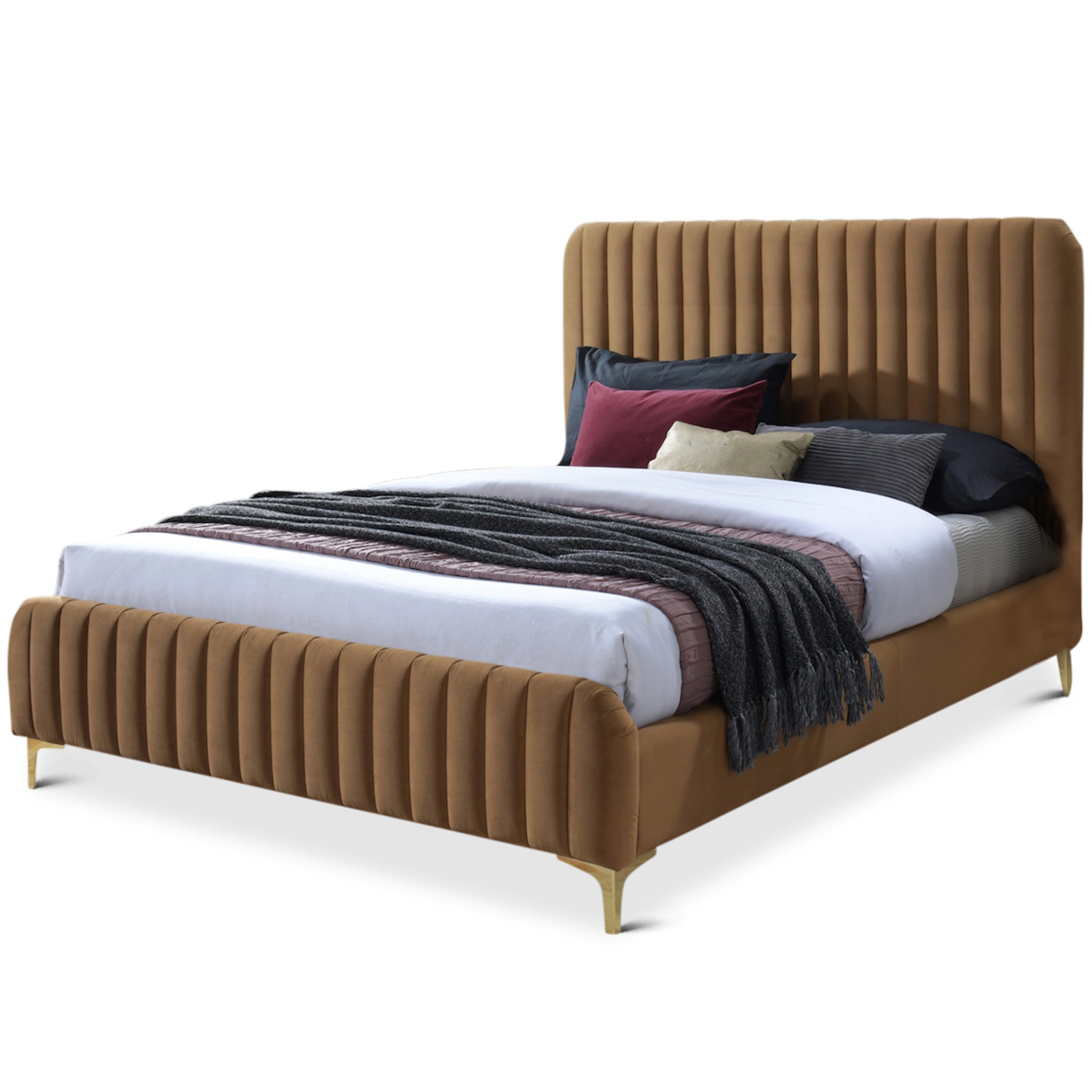 Angela Queen Cognac Velvet Platform Bed - MidinMod