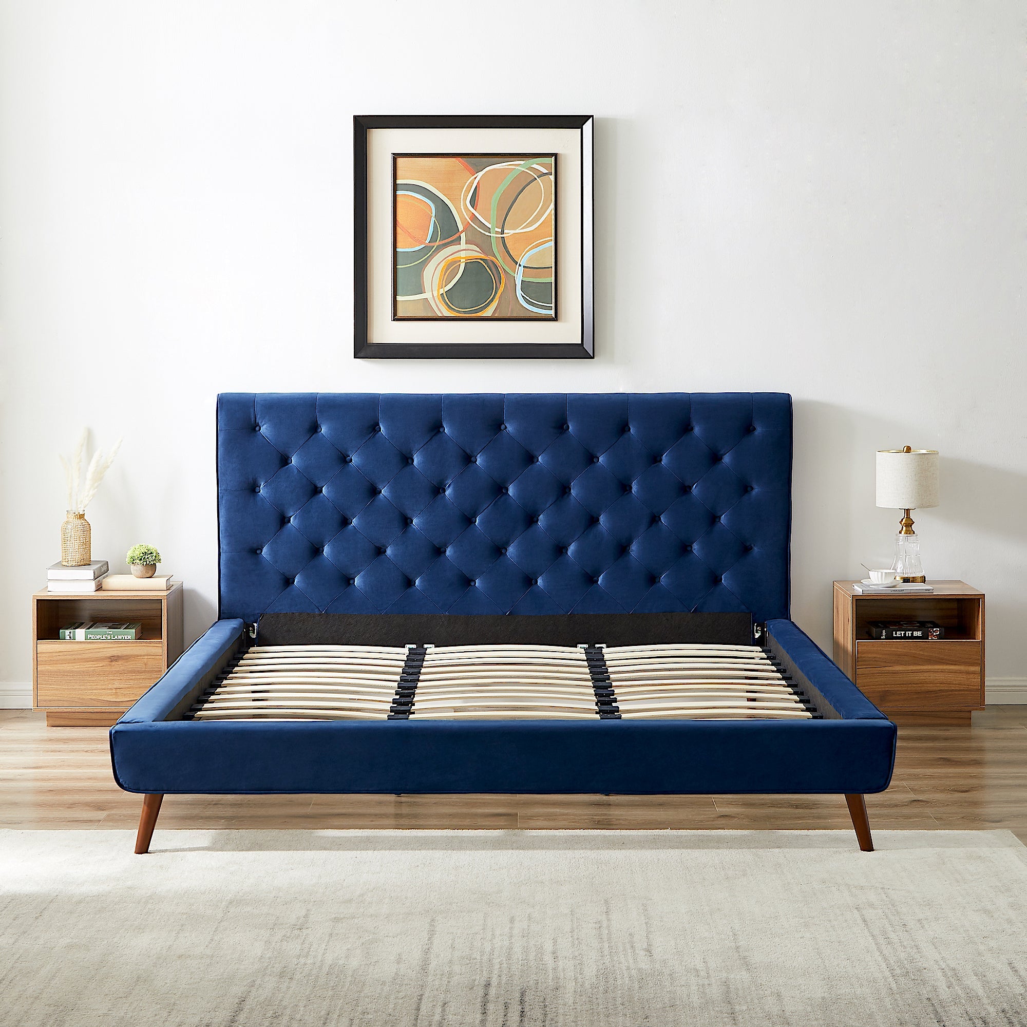 Ashley King Navy Blue Velvet Platform Bed - MidinMod