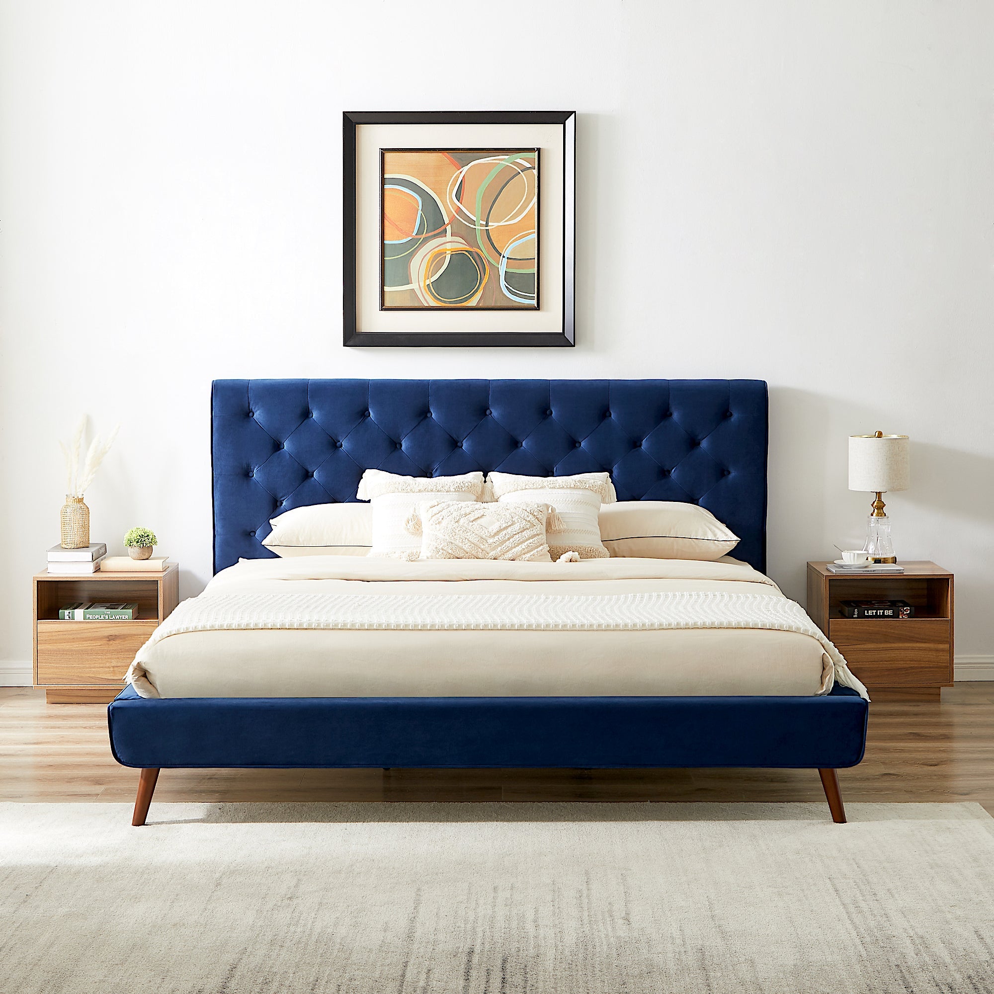 Ashley King Navy Blue Velvet Platform Bed - MidinMod