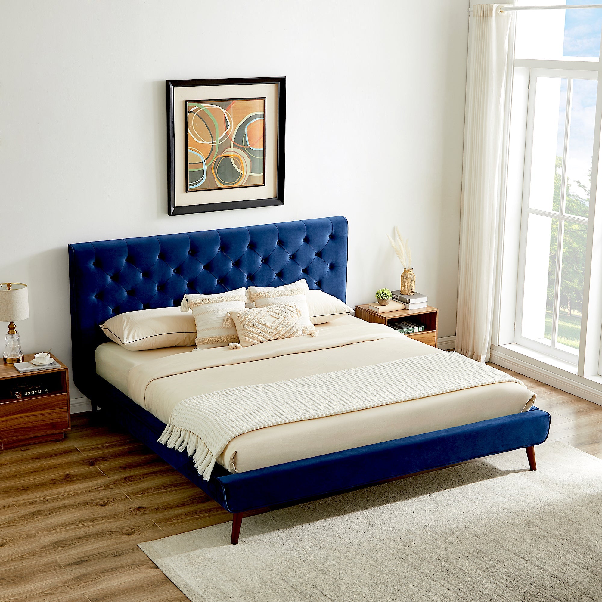 Ashley King Navy Blue Velvet Platform Bed - MidinMod