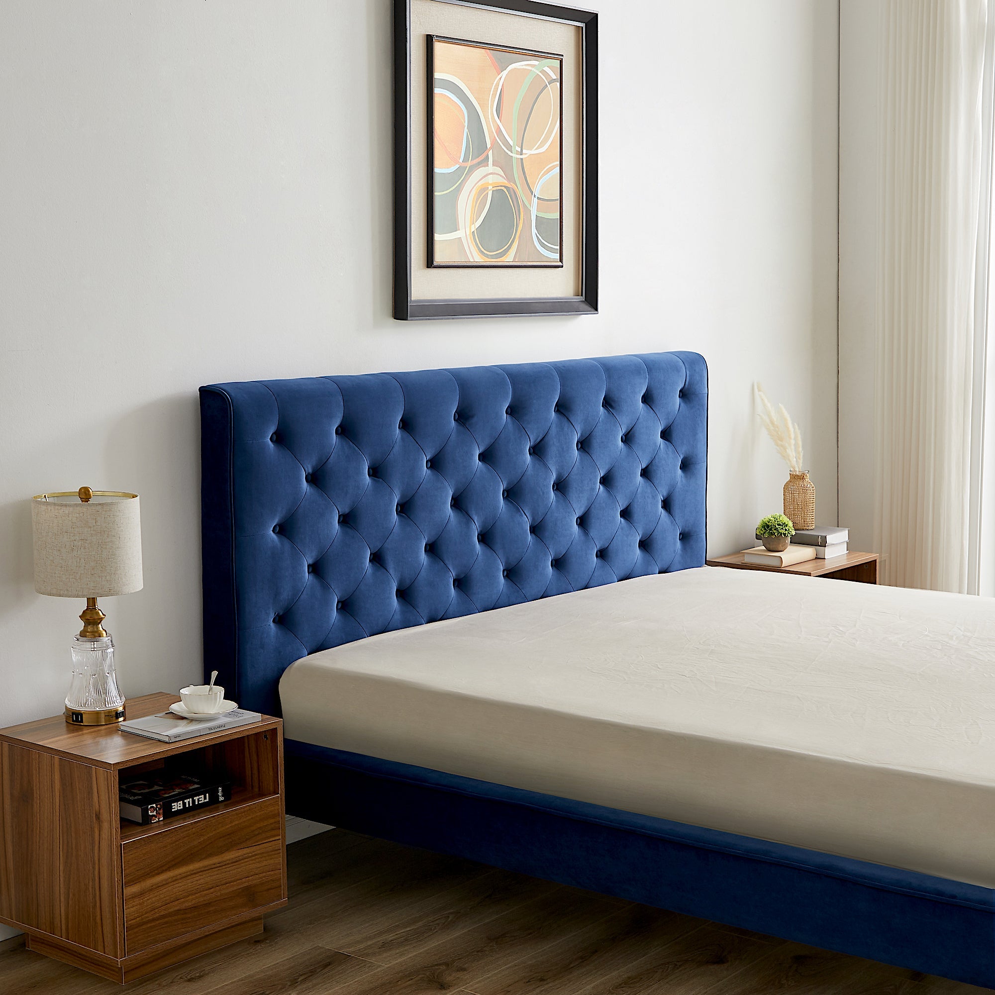 Ashley King Navy Blue Velvet Platform Bed - MidinMod