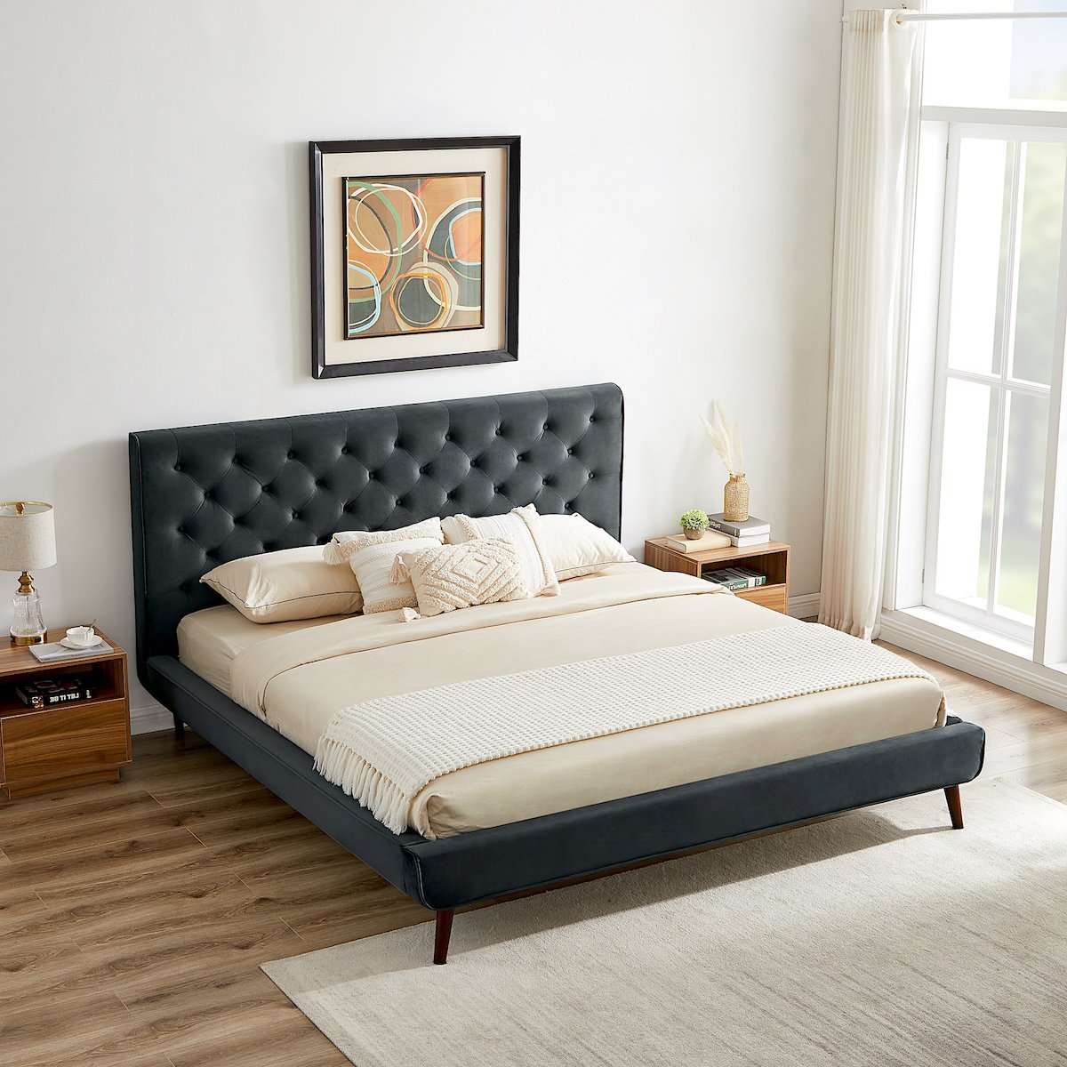 Ashley King Dark Gray Velvet Platform Bed - MidinMod