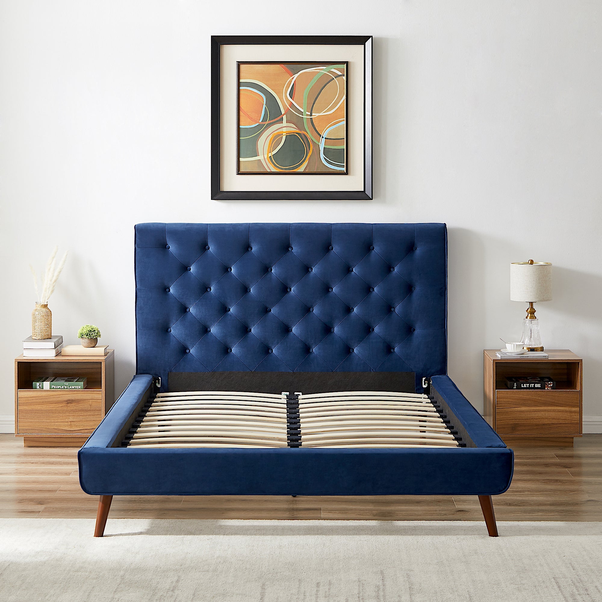 Ashley Queen Navy Blue Velvet Platform Bed - MidinMod