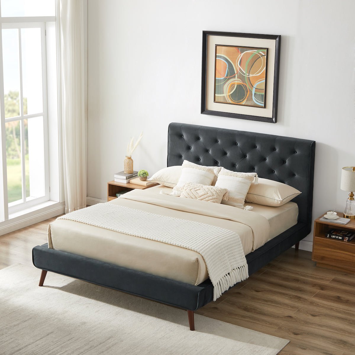 Ashley Queen Dark Gray Velvet Platform Bed - MidinMod