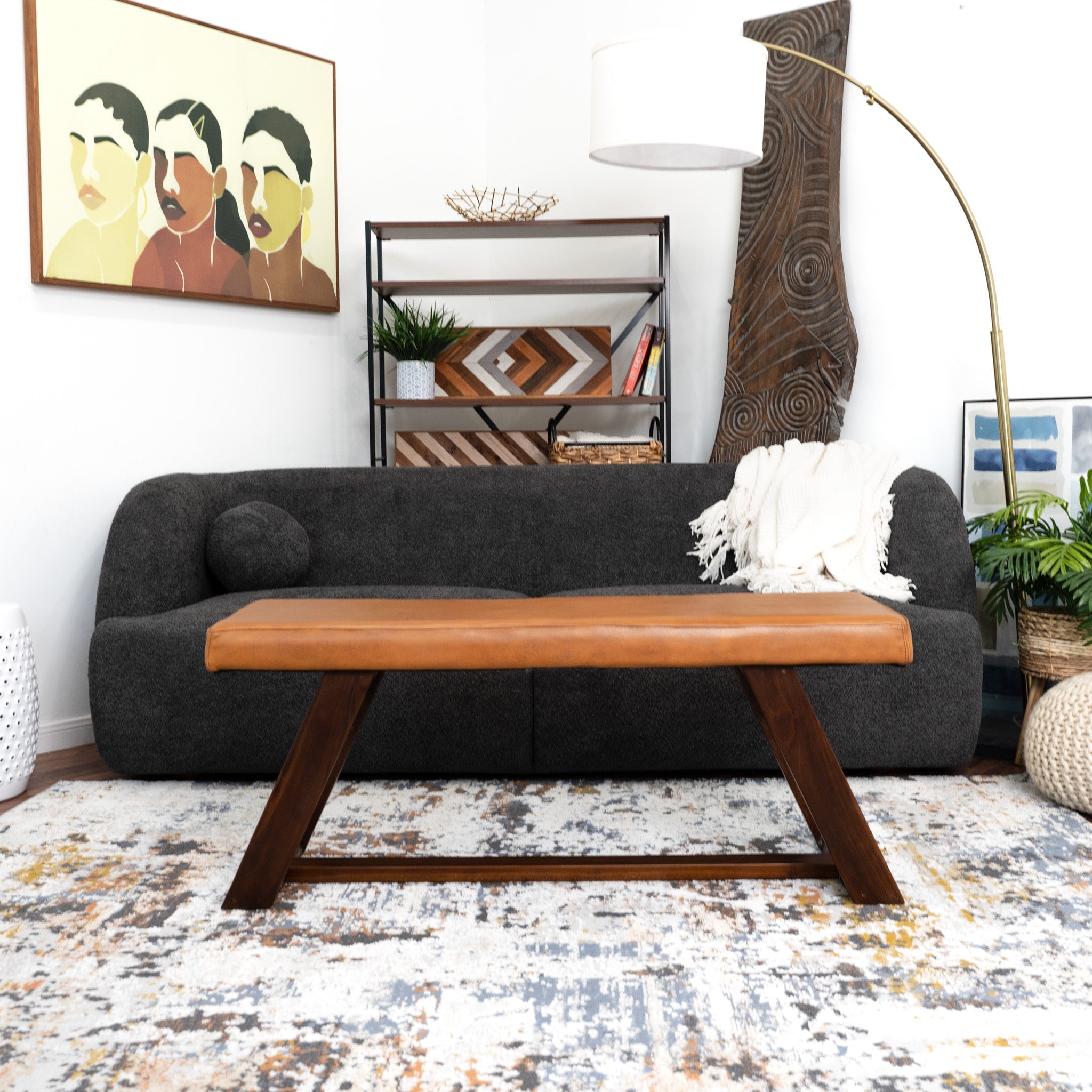 Pinrag Genuine Tan Leather Bench - MidinMod