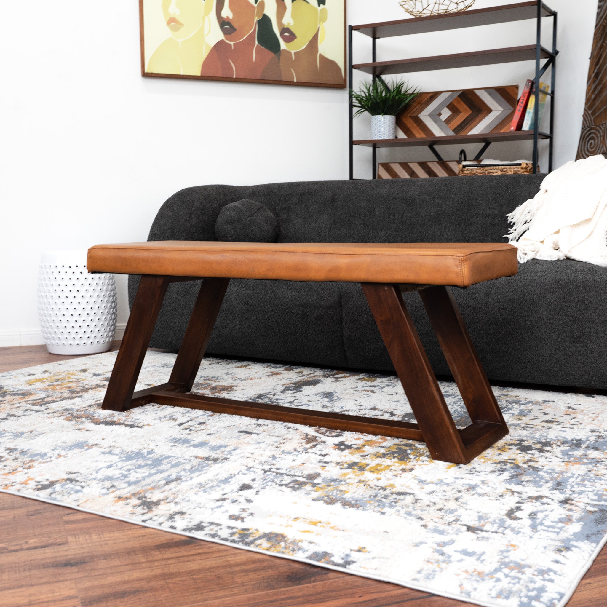 Pinrag Genuine Tan Leather Bench - MidinMod