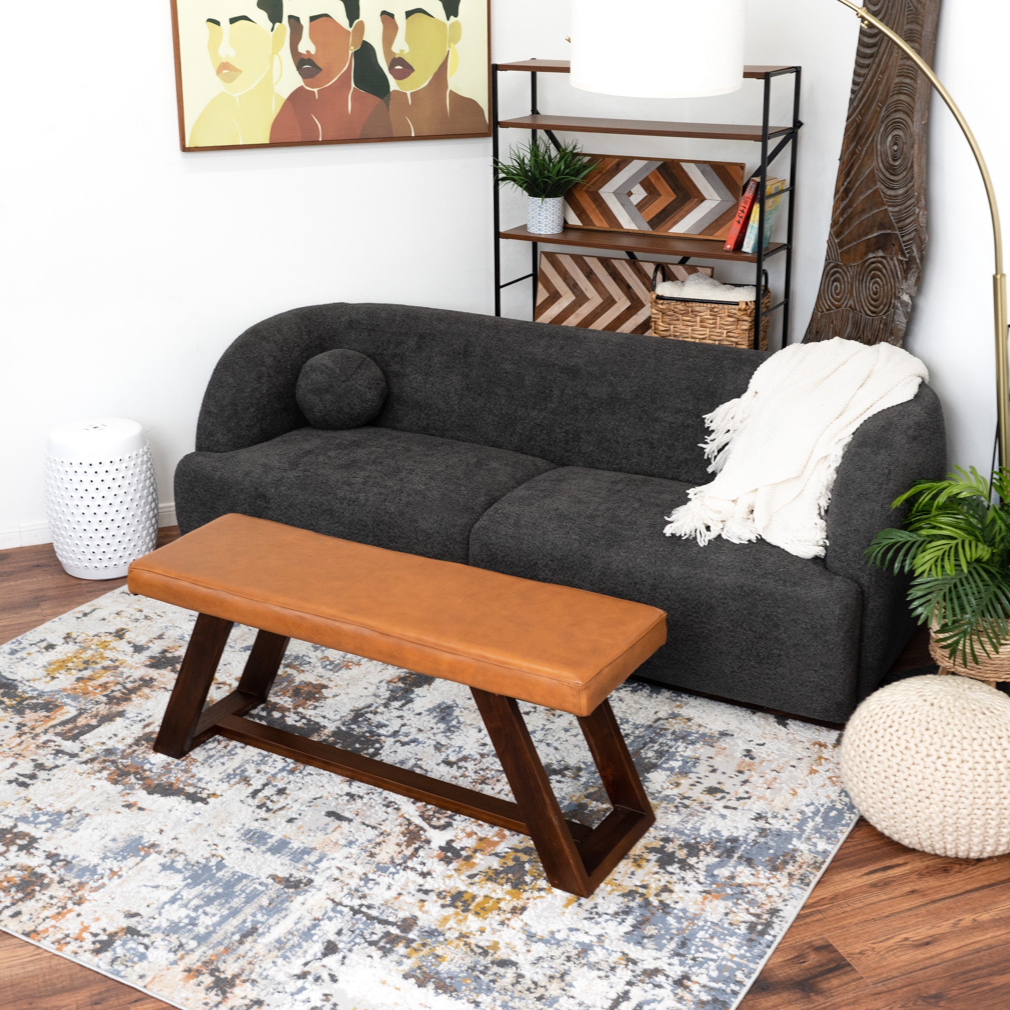 Pinrag Genuine Tan Leather Bench - MidinMod