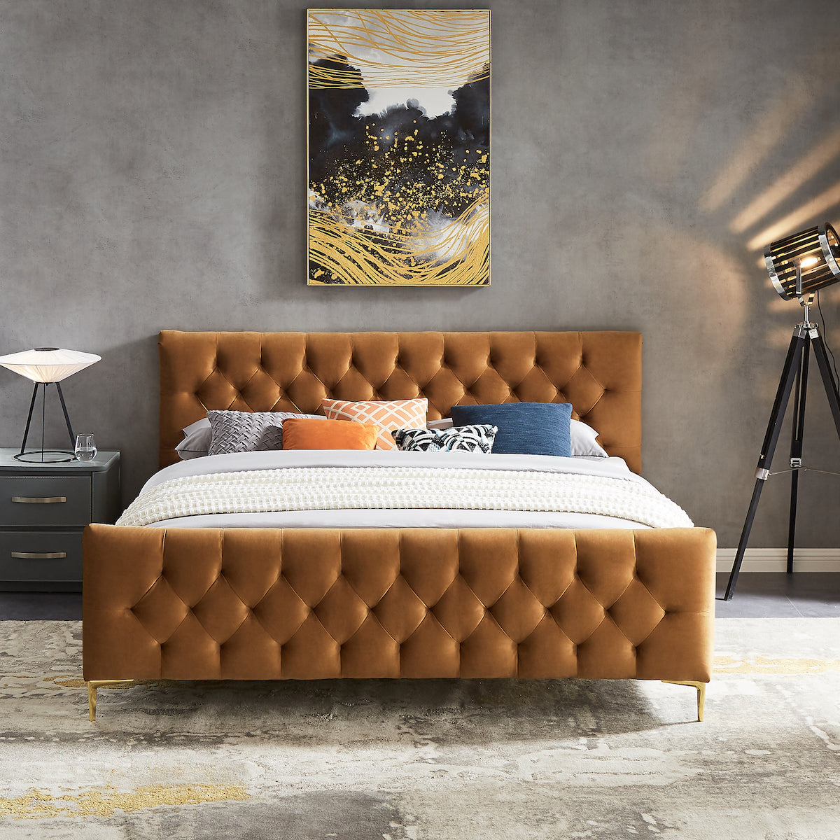 Beverly King Cognac Velvet Platform Bed - MidinMod