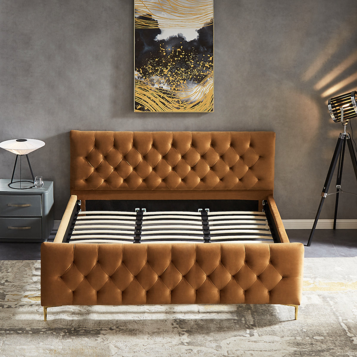 Beverly King Cognac Velvet Platform Bed - MidinMod