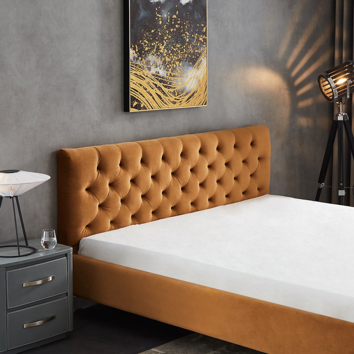 Beverly King Cognac Velvet Platform Bed - MidinMod