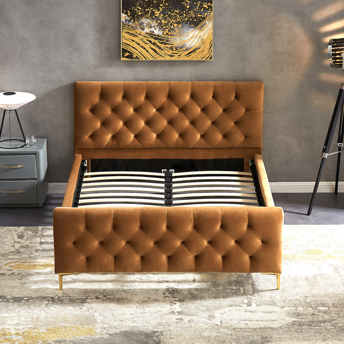 Beverly Queen Cognac Velvet Platform Bed - MidinMod