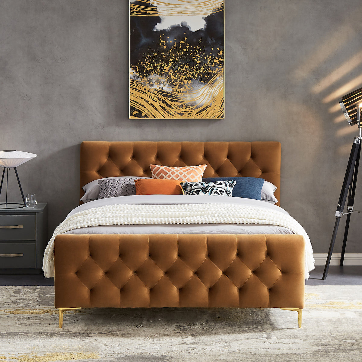 Beverly Queen Cognac Velvet Platform Bed - MidinMod