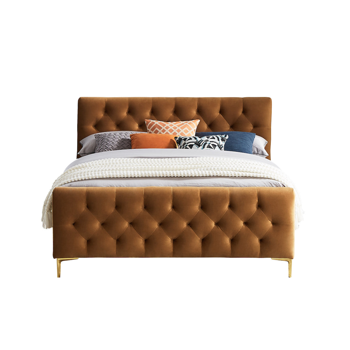 Beverly Queen Cognac Velvet Platform Bed - MidinMod