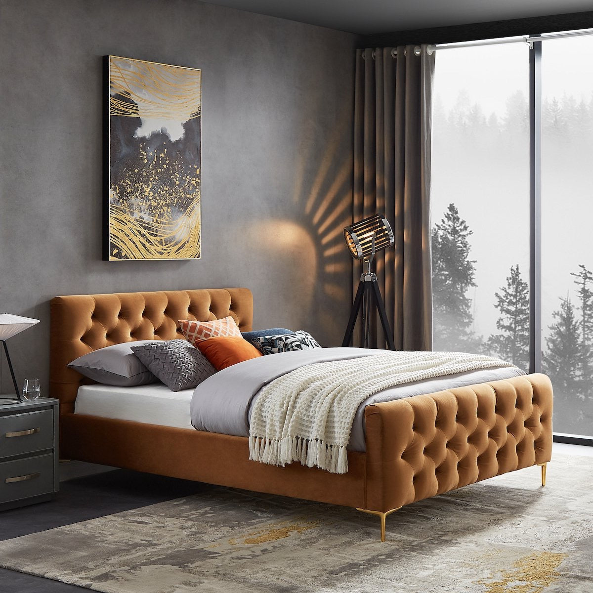 Beverly Queen Cognac Velvet Platform Bed - MidinMod