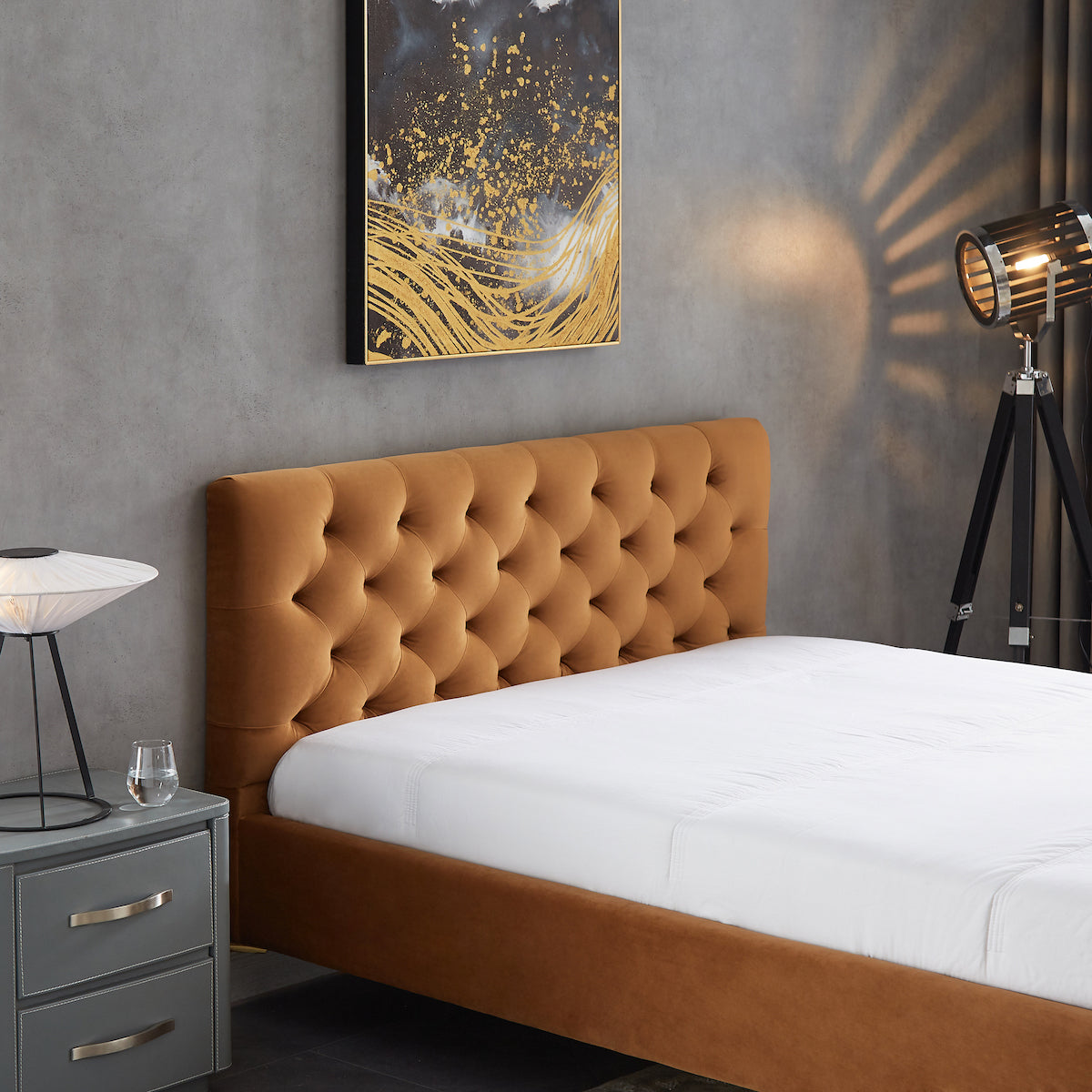 Beverly Queen Cognac Velvet Platform Bed - MidinMod