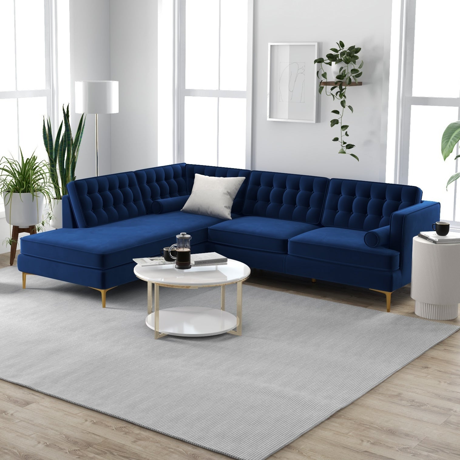 Caleb Blue Velvet Sectional Sofa Left Facing Chaise - MidinMod