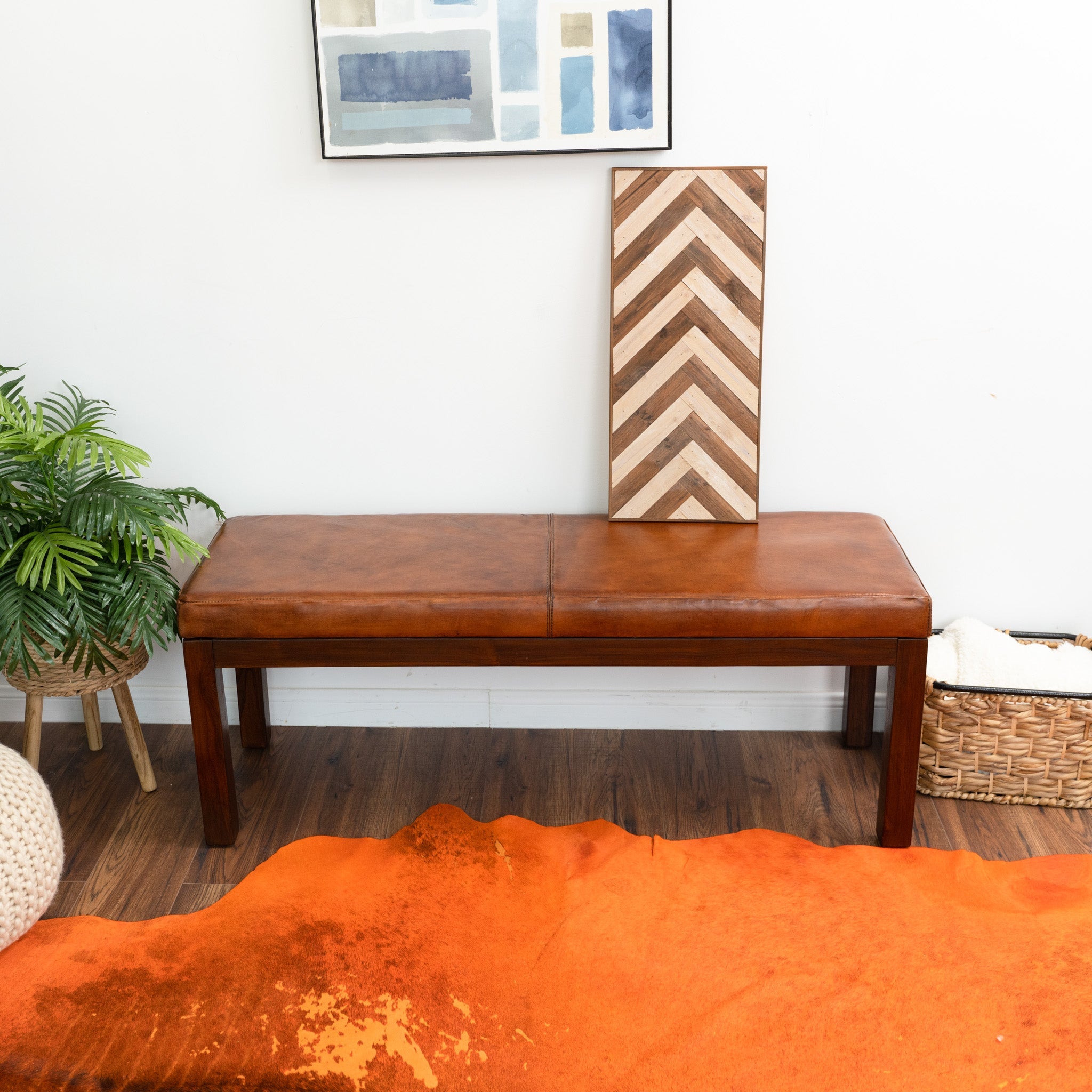 Kampa Antique Tan Leather Bench with Lines - MidinMod