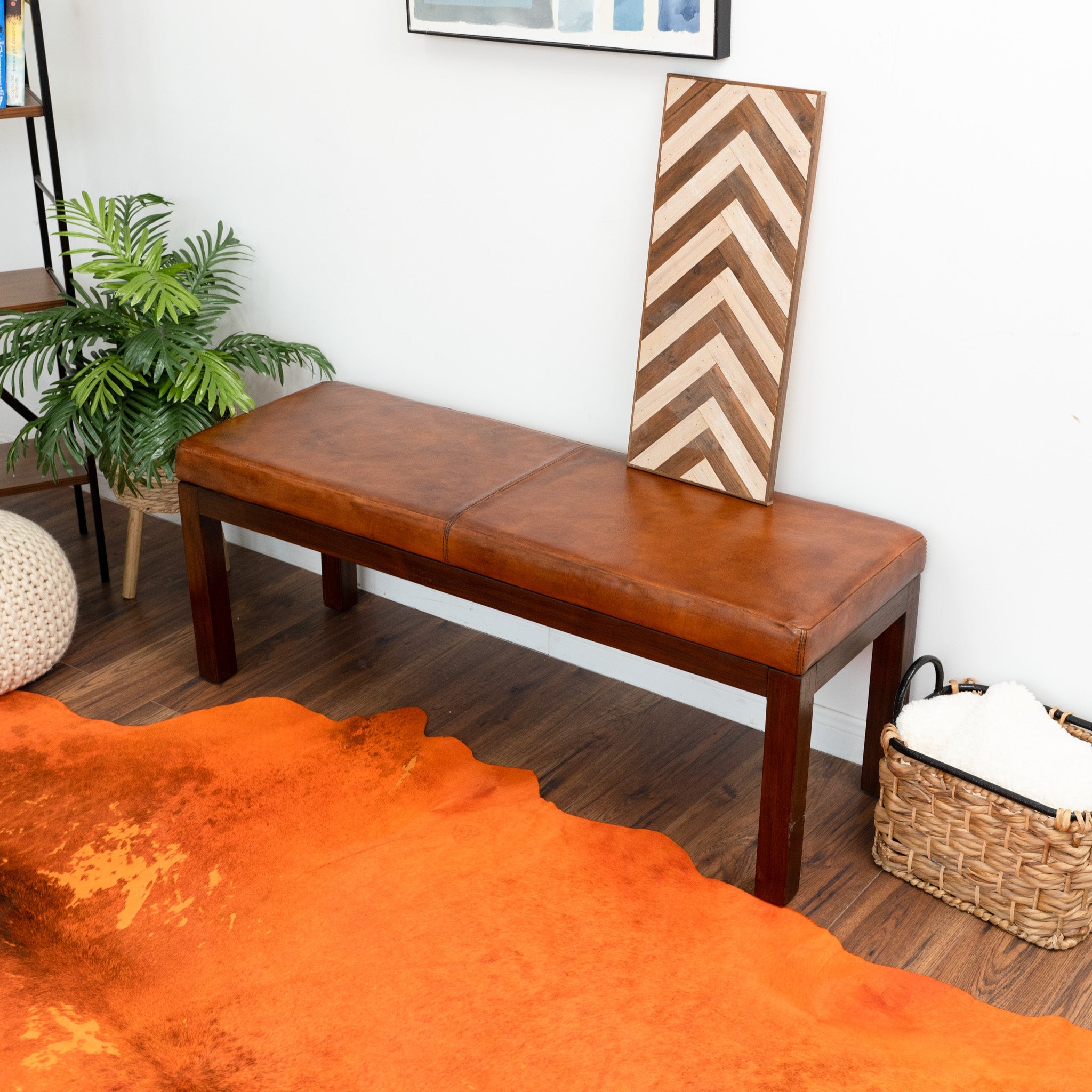 Kampa Antique Tan Leather Bench with Lines - MidinMod