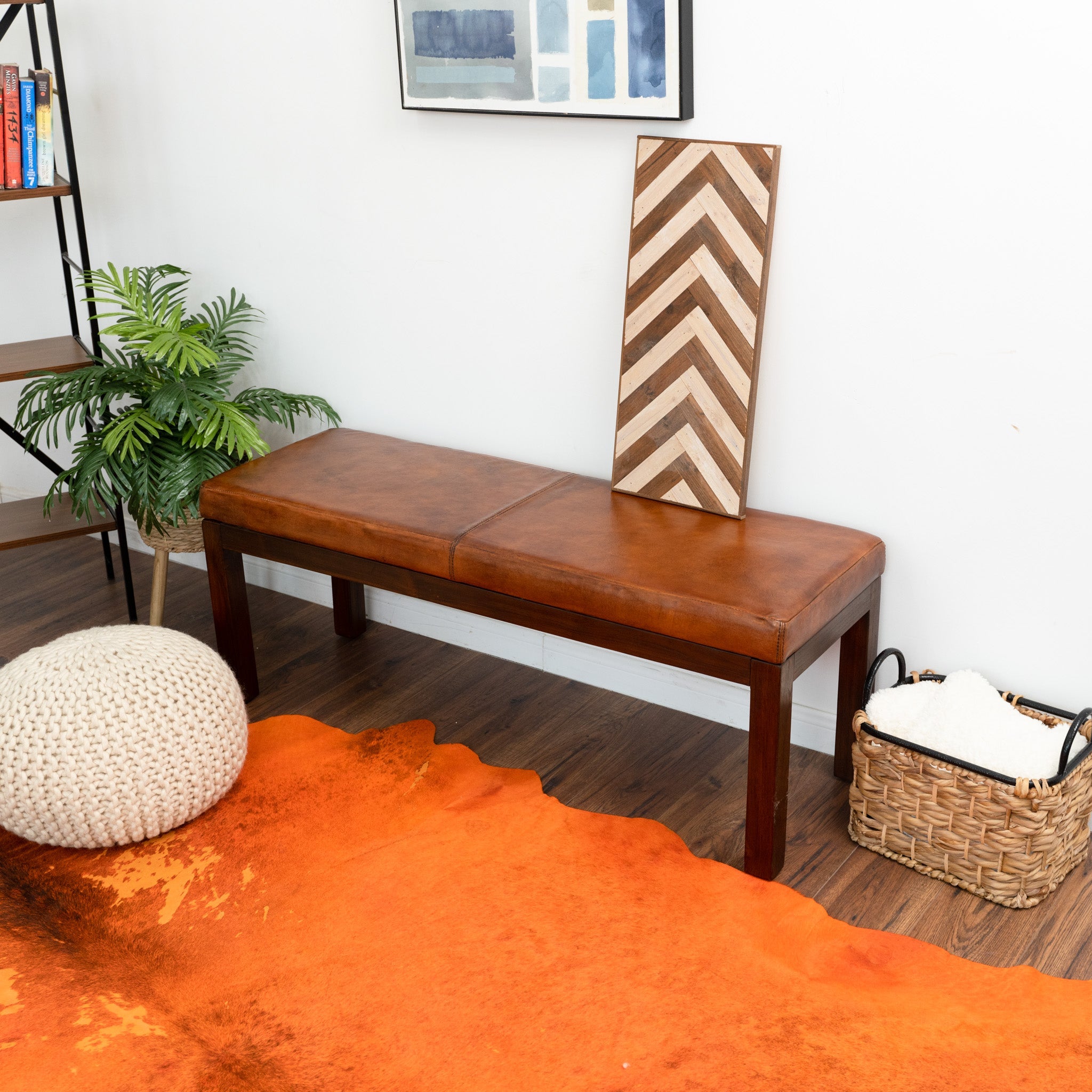 Kampa Antique Tan Leather Bench with Lines - MidinMod