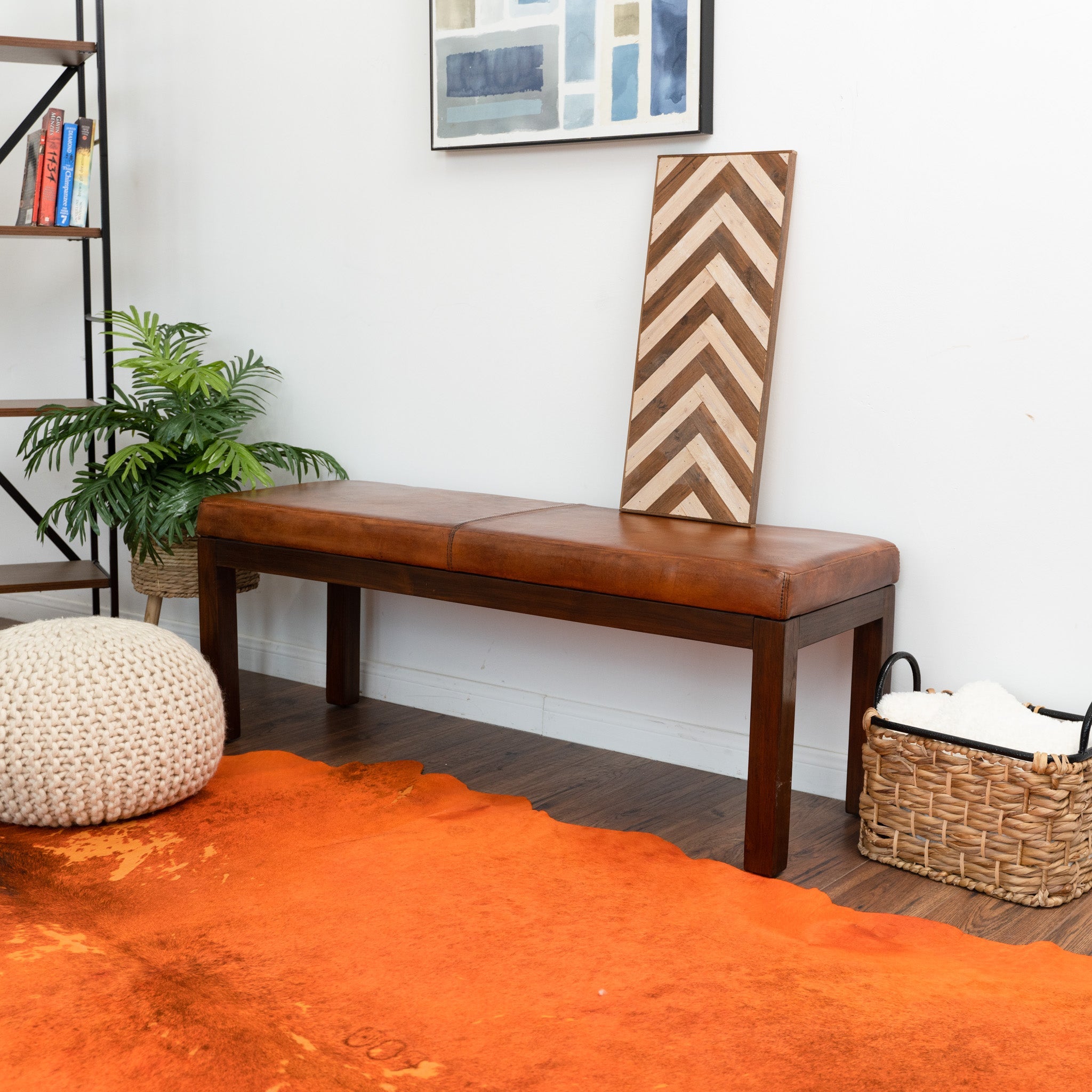 Kampa Antique Tan Leather Bench with Lines - MidinMod