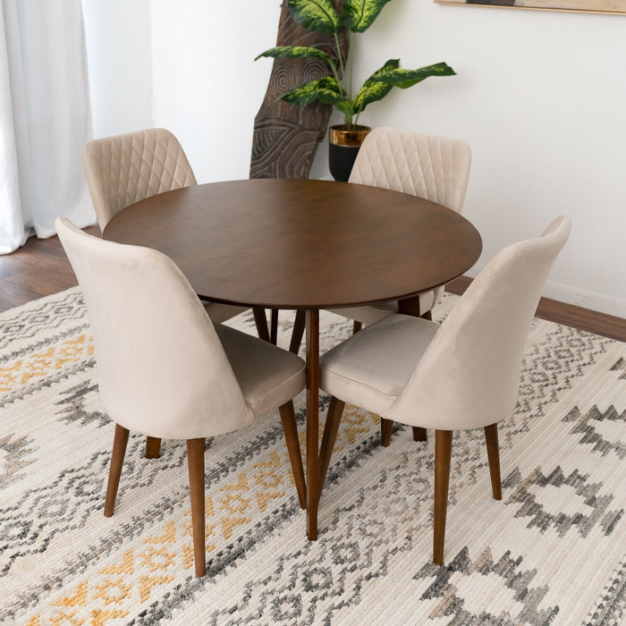 Aliana Dining Set with 4 Evette Beige Chairs (Walnut) | Mid in Mod | Houston TX | Best Furniture stores in Houston