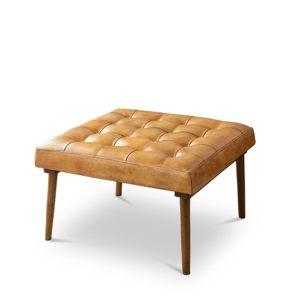 Katy Tan Leather Ottoman w/ Buttons - MidinMod