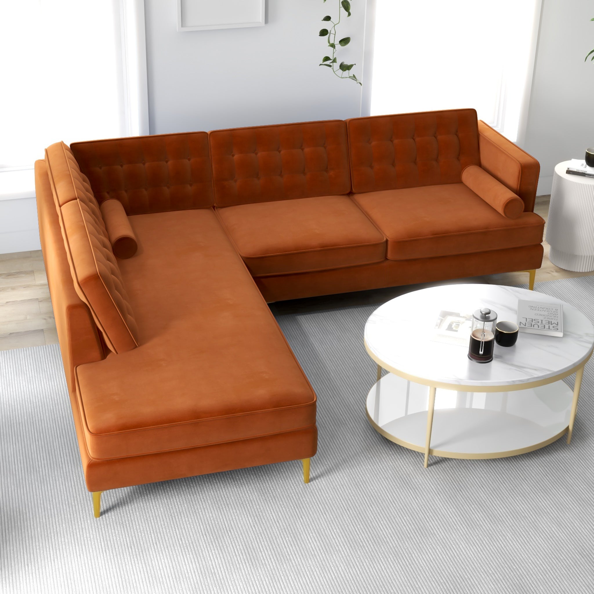 Caleb Burnt Orange Velvet Sectional Sofa Left Facing Chaise - MidinMod