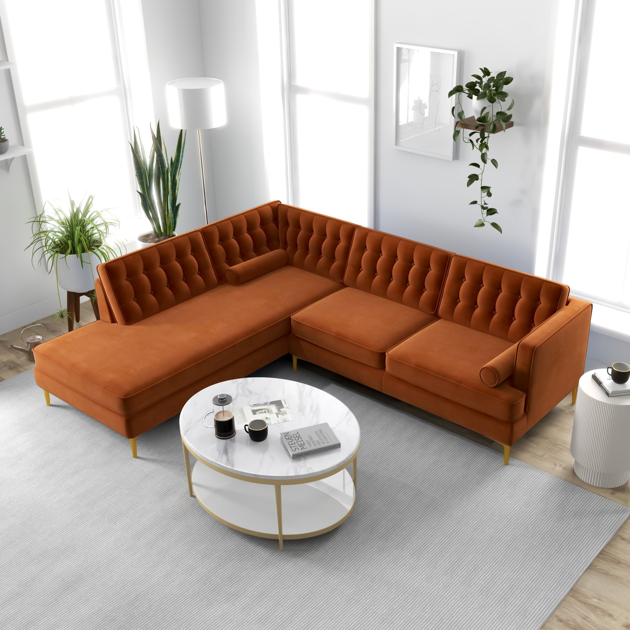 Caleb Burnt Orange Velvet Sectional Sofa Left Facing Chaise - MidinMod