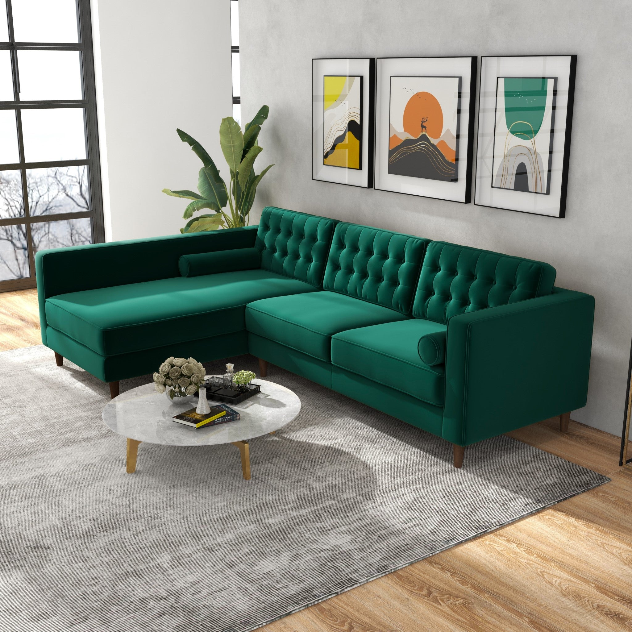 Olson Green Velvet Sectional Sofa Left Chaise - MidinMod
